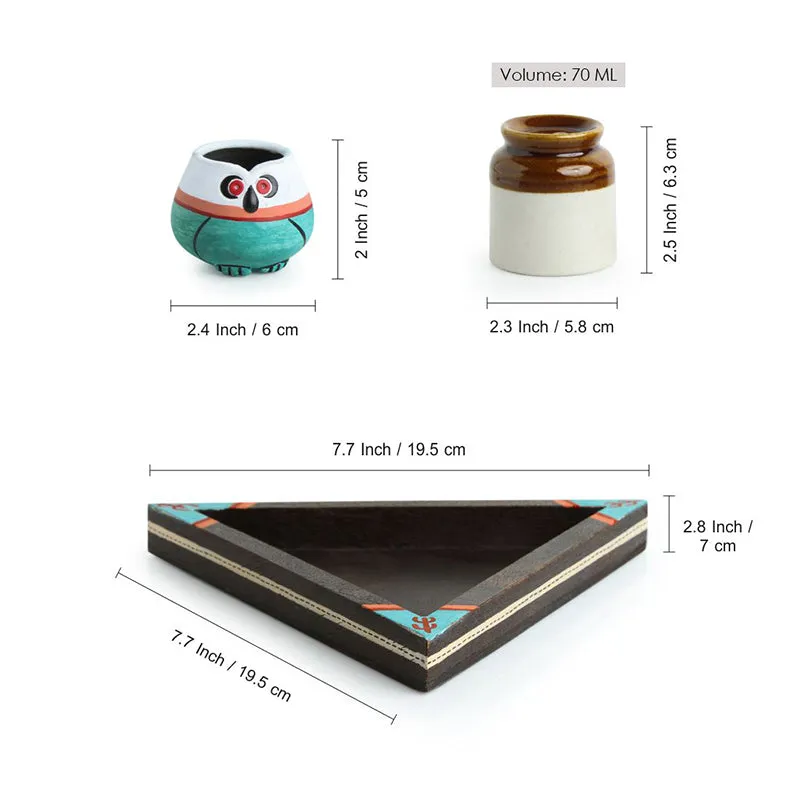 Bharani set showing the owl holder, shakers and tray with dimensions