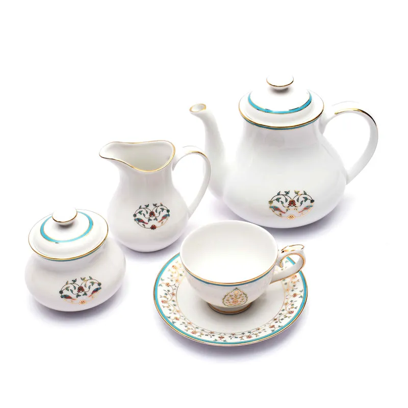 Gilded Mavi 24k Gold Brushed Porcelain Tea Set With Tea Pot - Seventeen Piece Set media 5