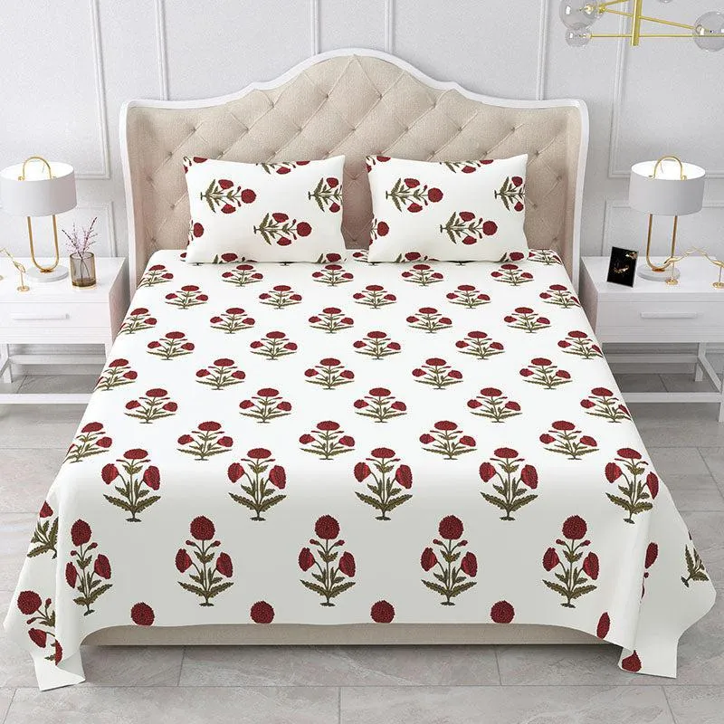 Marrakech Marigold Ethnic Cotton Bedsheet (Maroon & White) - 180 TC media 4