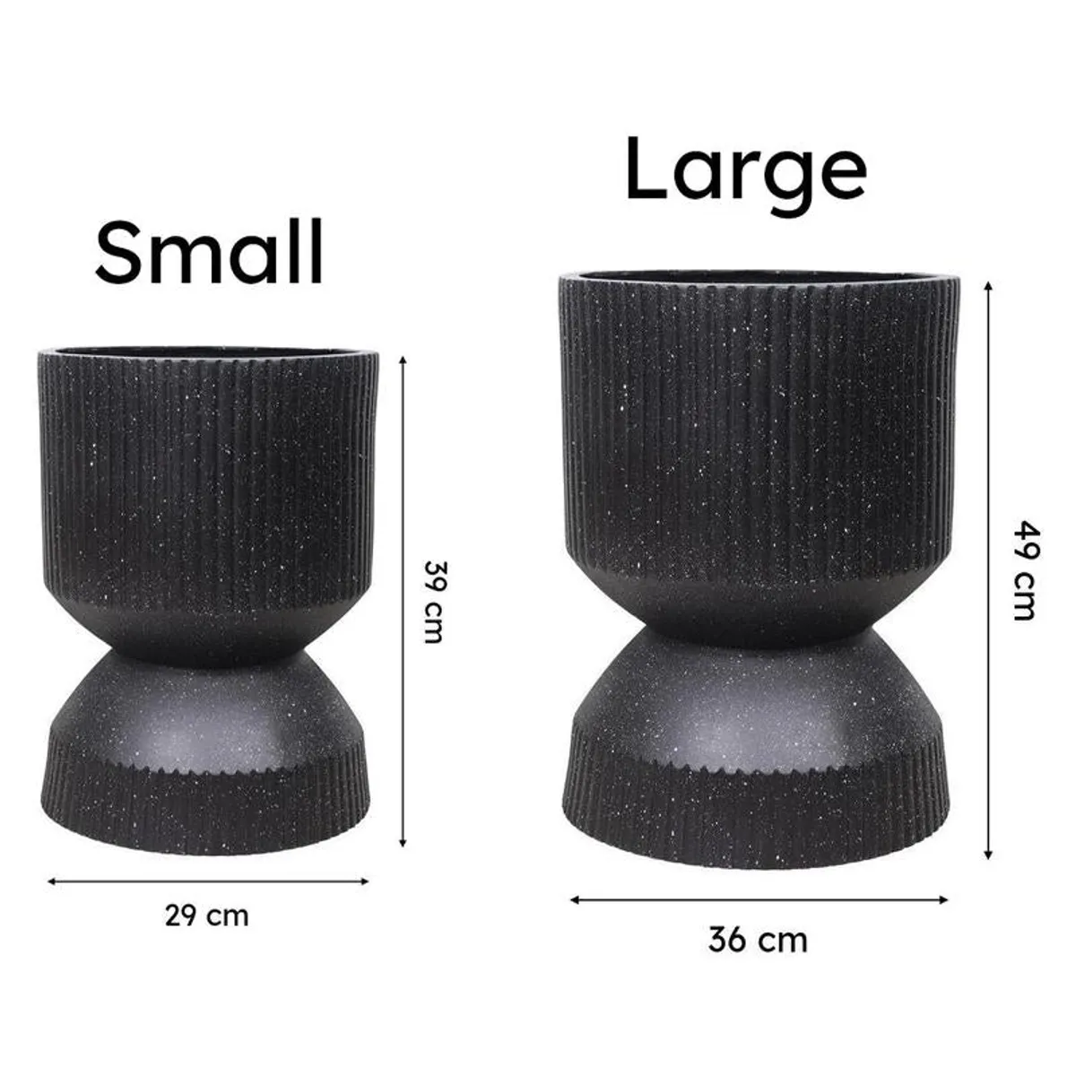 Side-by-side visual comparison of the Small and Large black planters.