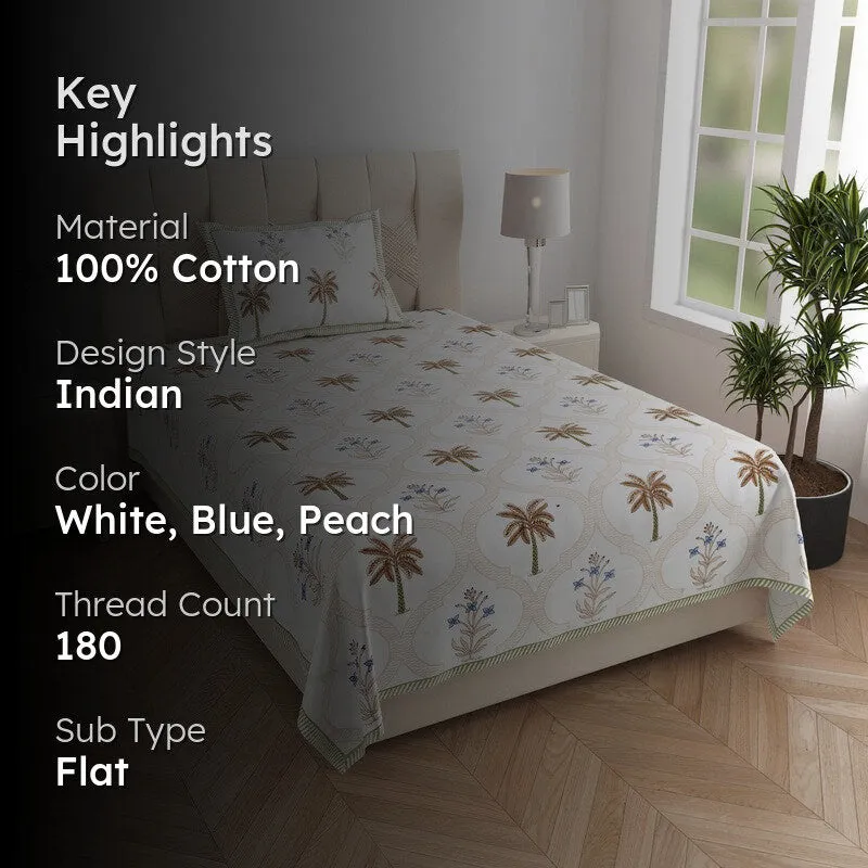 Haveli Block Cotton Bedsheet (Blue,Peach) - 180 TC media 2