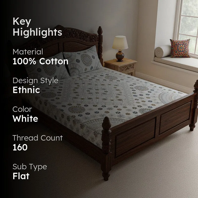 Dwanima Ethnic Cotton Bedsheet (Yellow,Grey) - 160 TC media 2