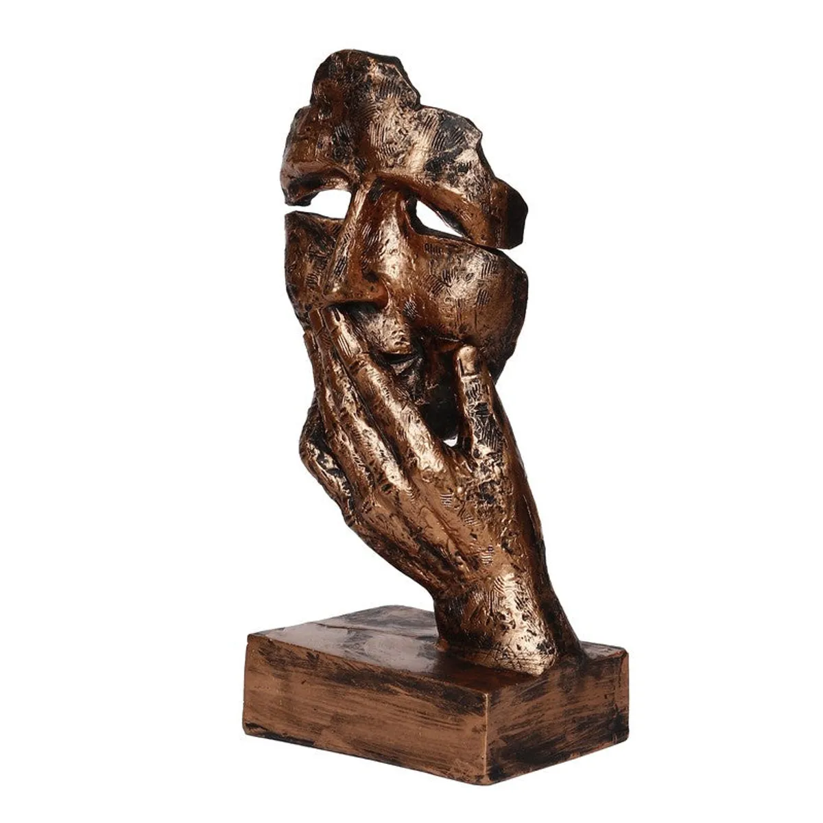 Side view of bronze abstract face figurine with hand detail
