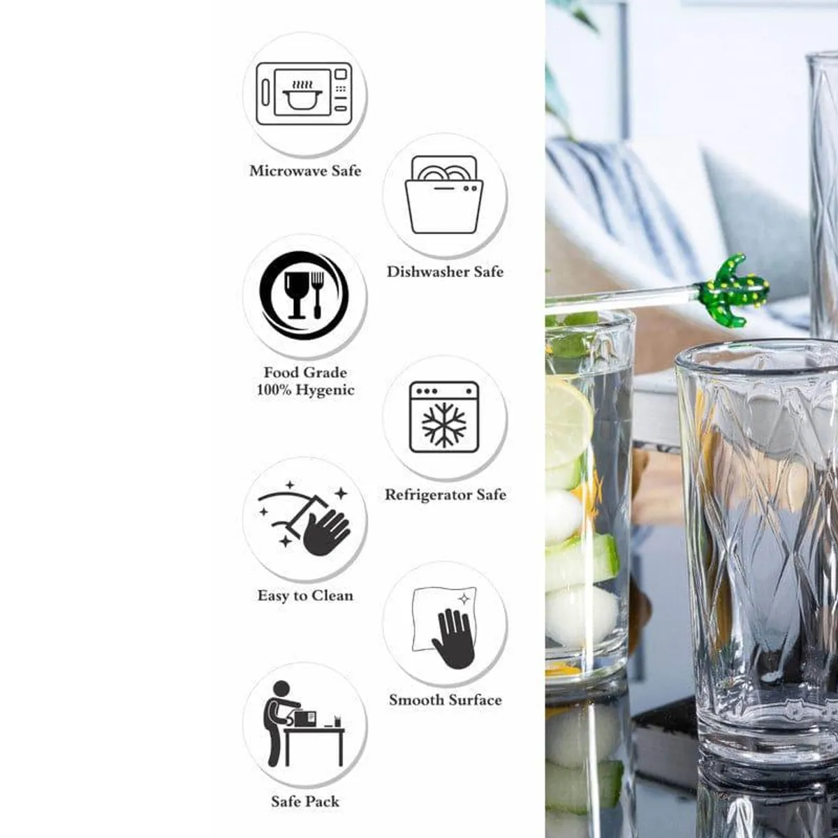 Clear diamond-cut tumbler shown with microwave, dishwasher and freezer icons