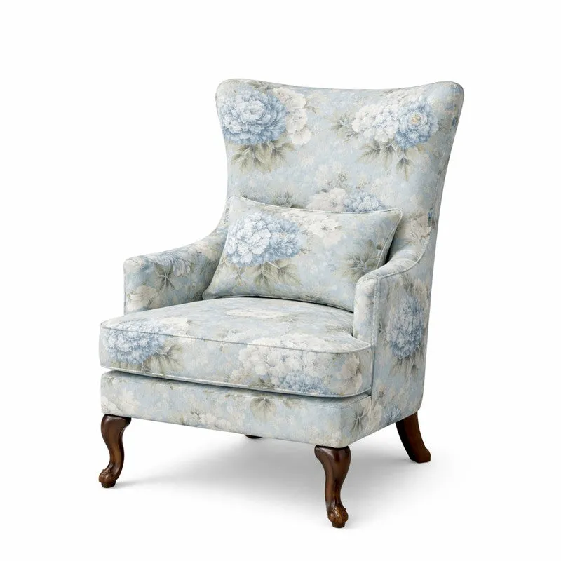 Imperia Teak Wood & Velvet Floral Lounge Chair media 4