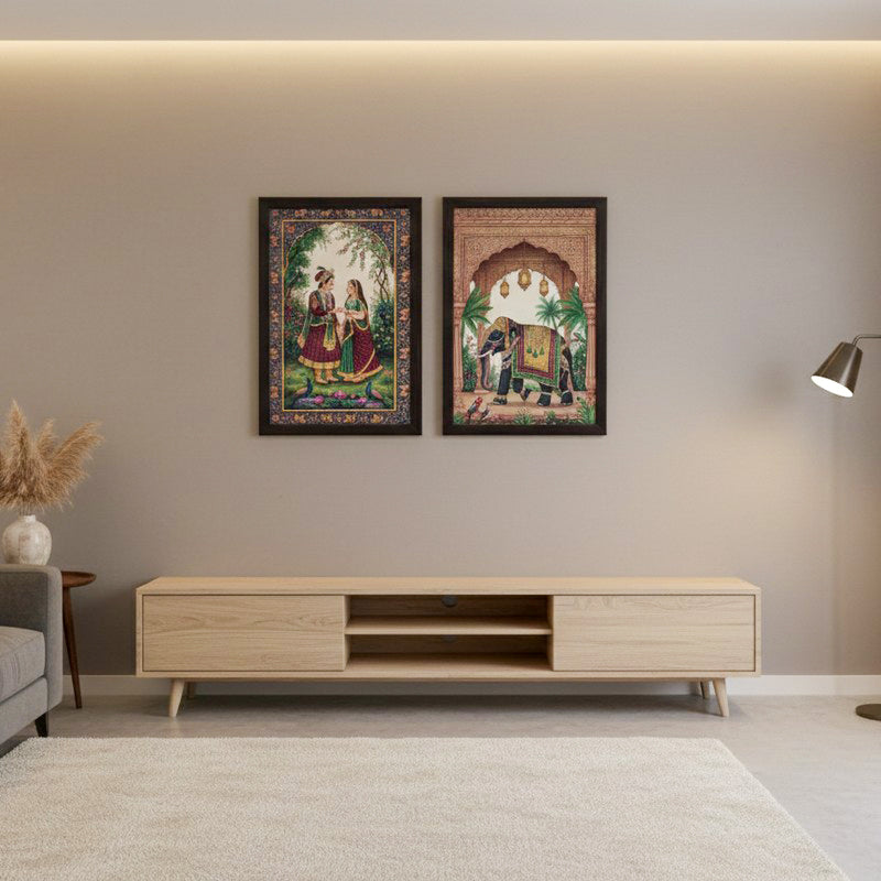 Rajwadi Charm Artistic Wall Painting With Frame - Set Of Two