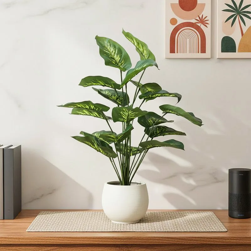 Faux Tropical Dieffenbachia Silk Plant With Black Plastic Pot - 2.13 ft media 1