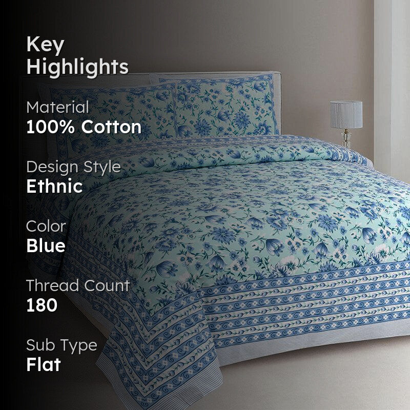 Sarva Floral Cotton Bedsheet (Blue) - 180 TC media 2