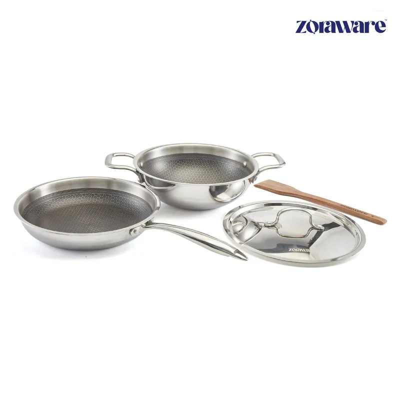 Zoraware Honeycomb Kadhai 2200 mL With Frying Pan (22 CM) - Set of Two media 1