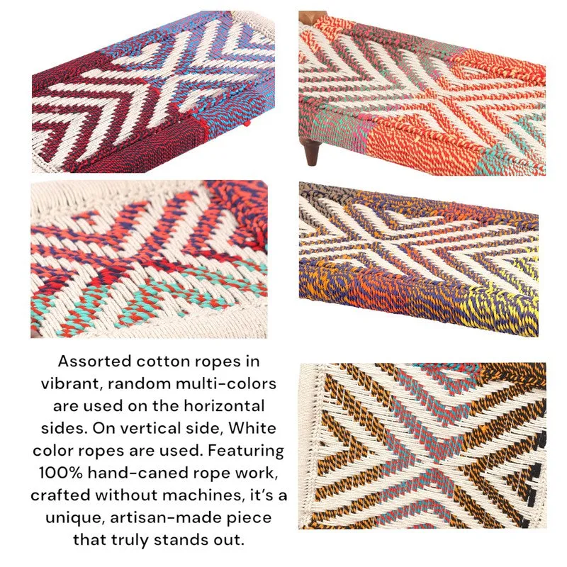 Collage showing multicolour woven rope seat variations and geometric patterns