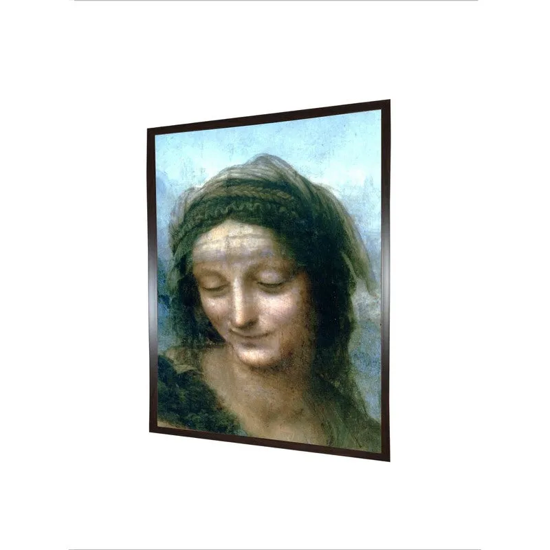 Angled view of a rectangular framed portrait wall painting on a white background