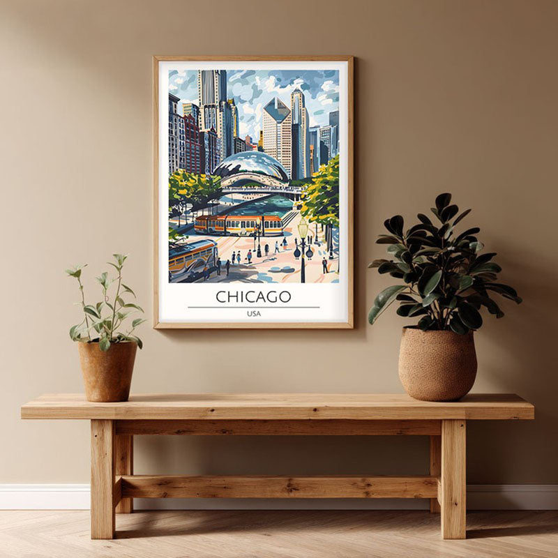 Vintage Chicago Framed Canvas Archival Canvas Wall Painting - Natural Brown Frame