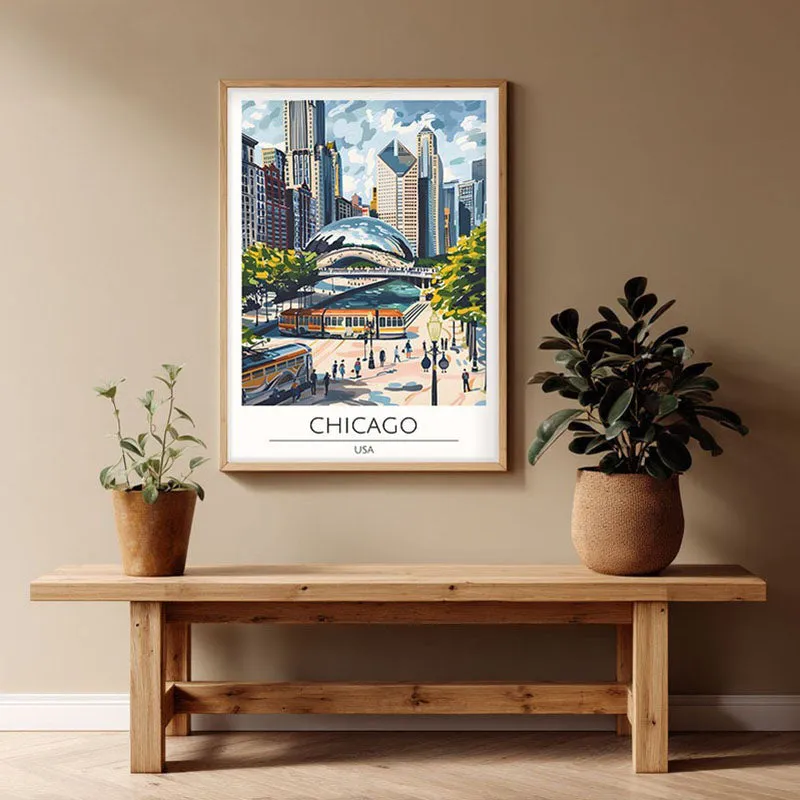 Vintage Chicago Framed Canvas Archival Canvas Wall Painting - Natural Brown Frame media 1