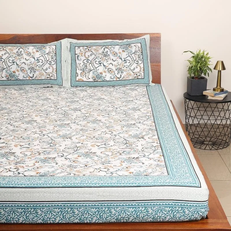 Floral Flush Cotton Bedsheet (Blue) - 144 TC media 4