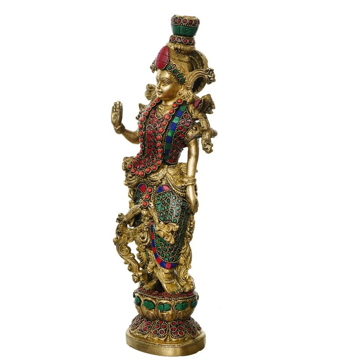 Side view of a detailed brass deity idol with multicolour embellishment