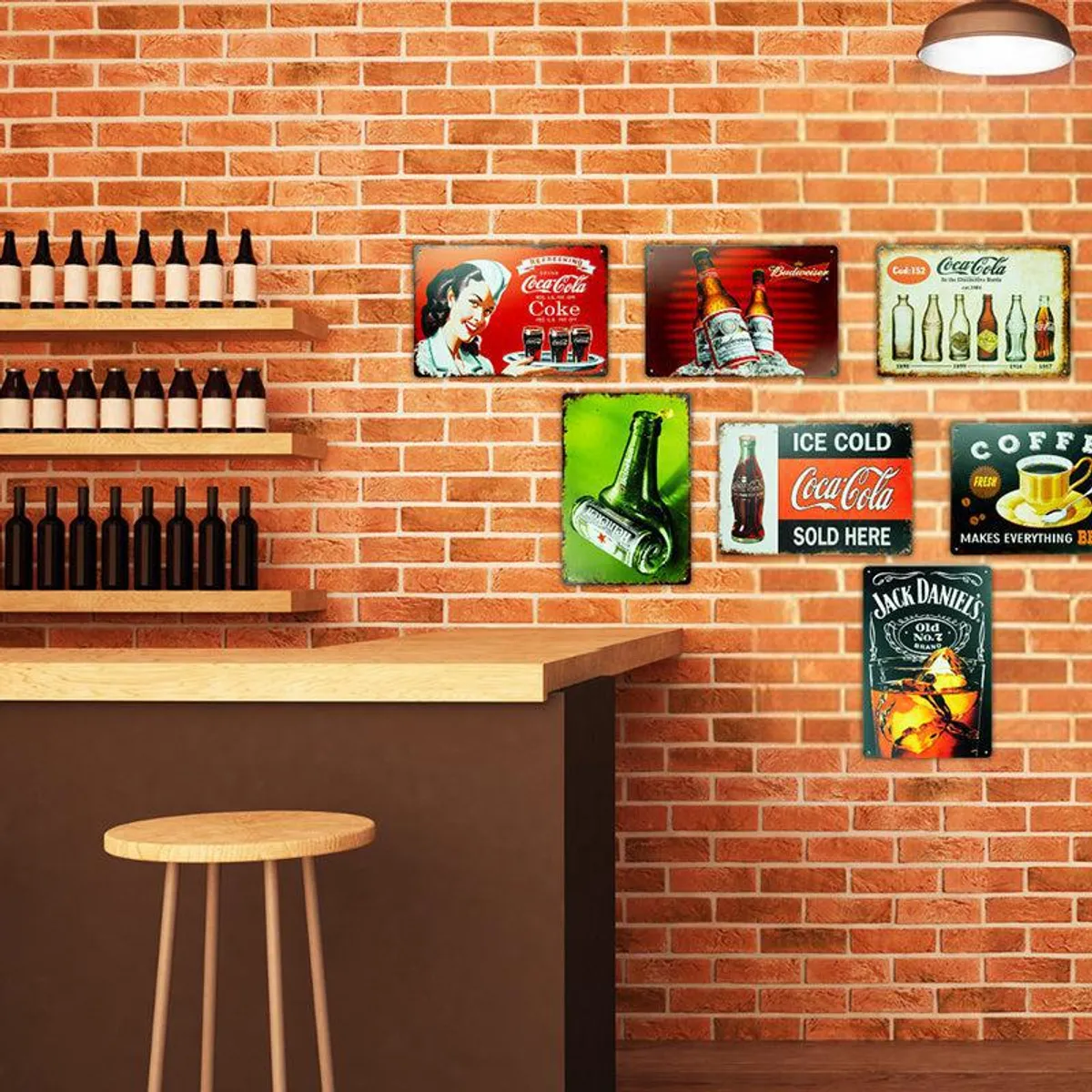 Several colourful retro metal wall accents displayed above a home bar.
