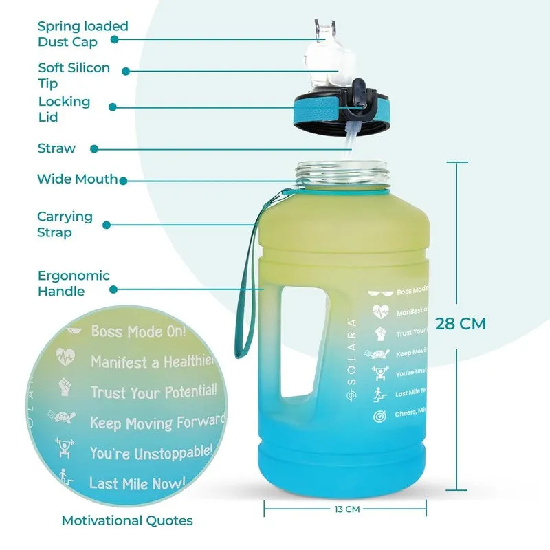 Solara water bottle showing spring-loaded dust cap, straw, wide mouth, strap and handle