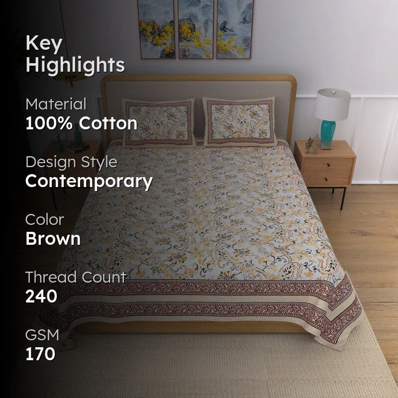 Sheetora Floral Cotton Bedsheet (Brown) - 240 TC media 2