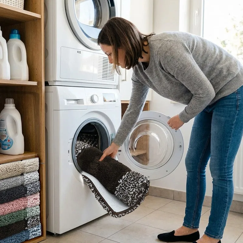 Person placing the brown runner rug into a washing machine