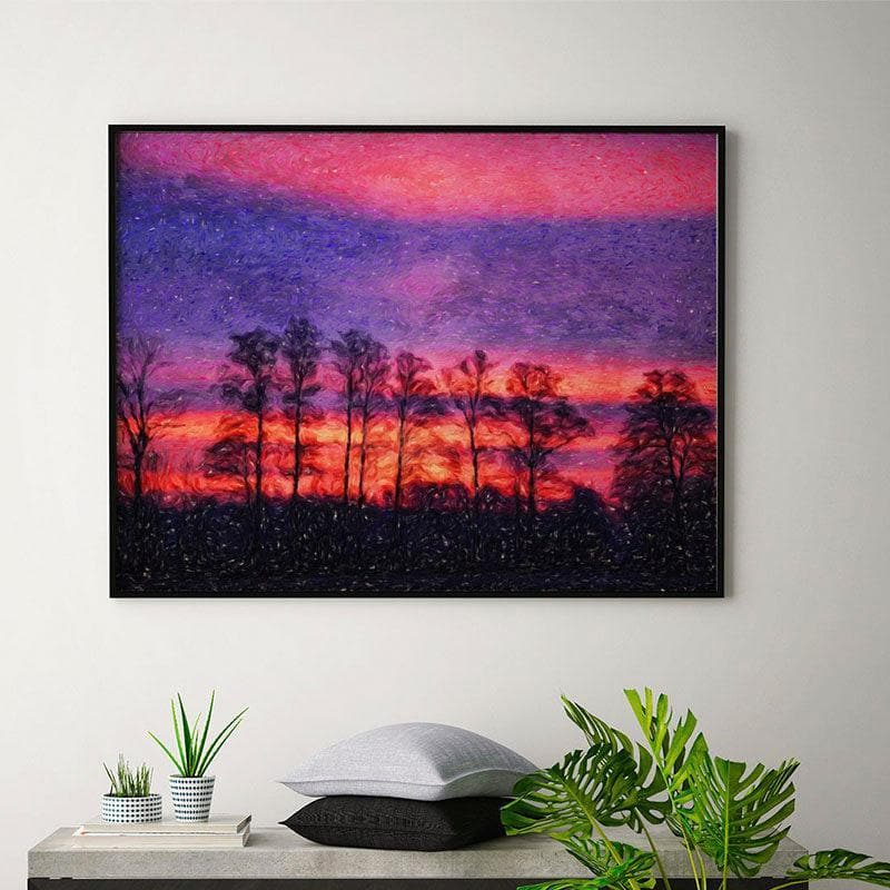Sunset In A Forest Canvas Wall Painting - Black Frame