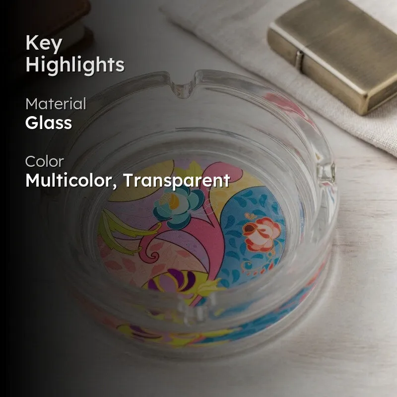 Transparent colourful glass ashtray shown with material and colour details