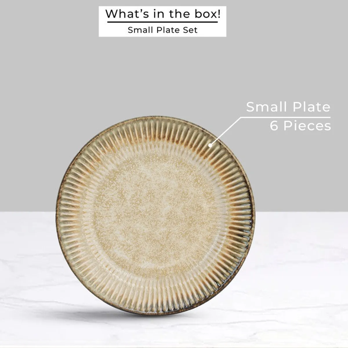 Single beige ceramic quarter plate with a ridged rim shown from the front