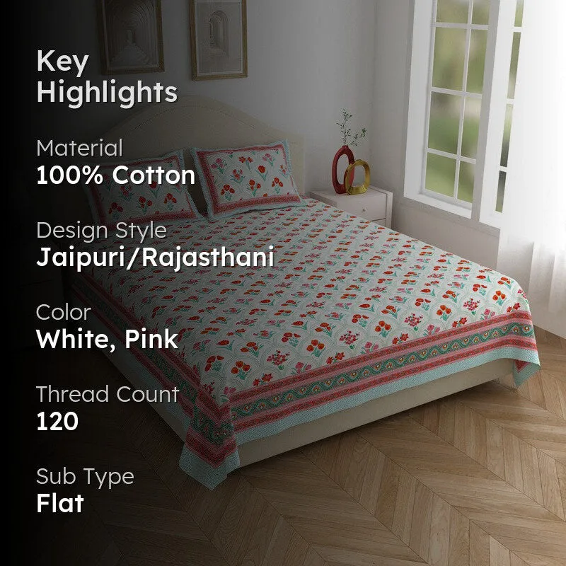 Heritage Touch Cotton Bedsheet (White,Pink) - 120 TC media 2