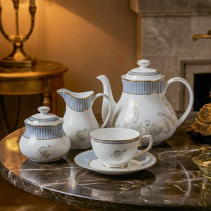 Gilded Iris 24k Gold Brushed Porcelain Tea Set With Tea Pot (Grey) - Seventeen Piece Set media 3