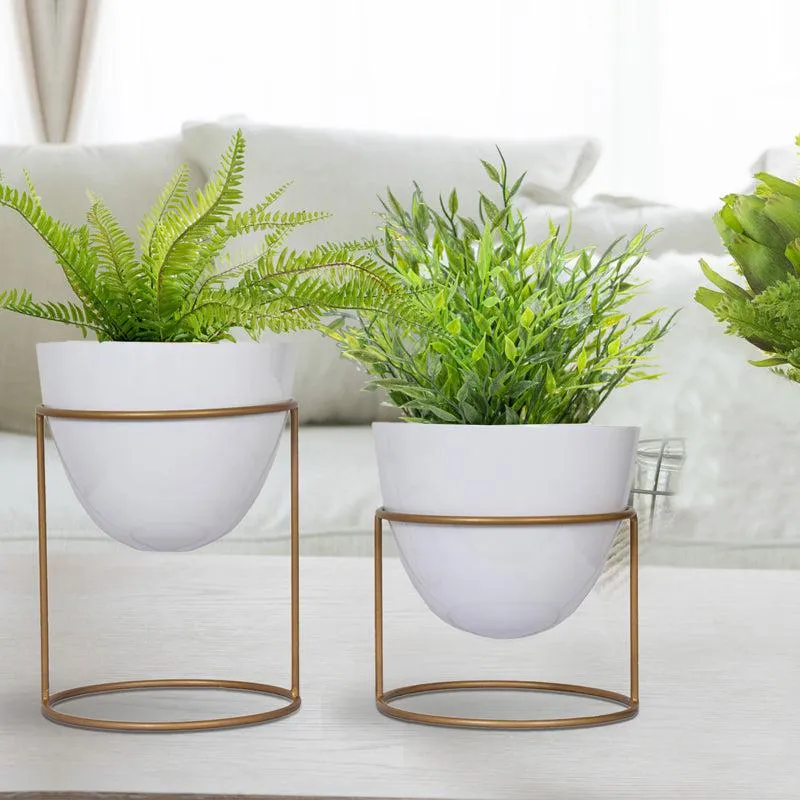 Trudene Metal Pot With Stand (White & Gold) - Set Of Two media 3