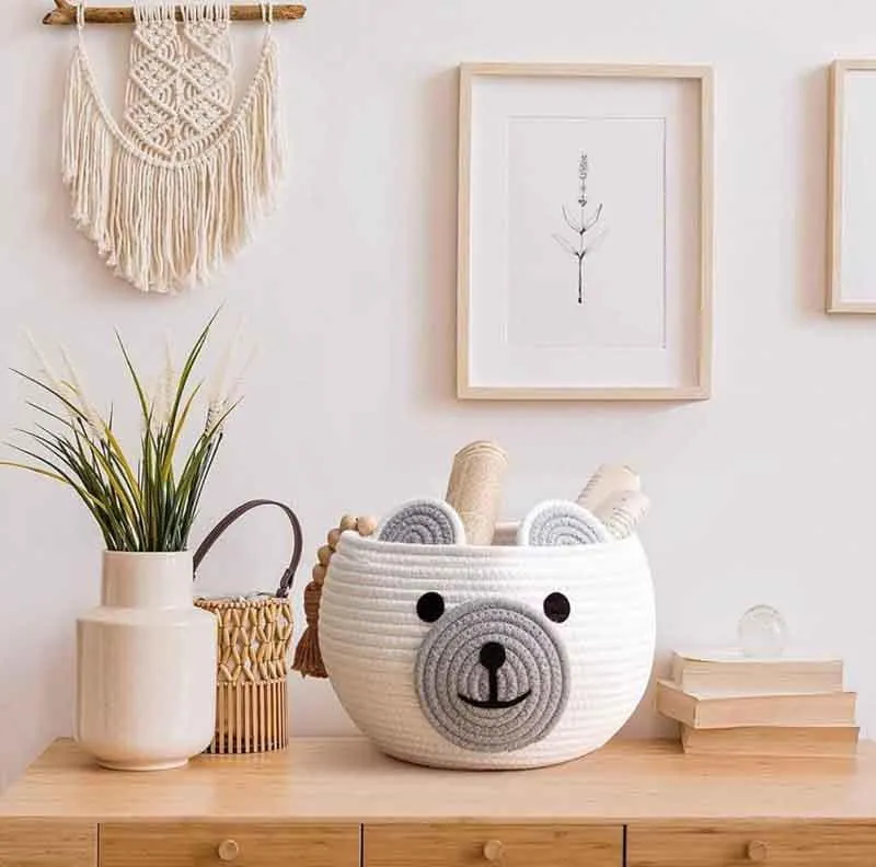 Happy Bear Multipurpose Cotton Storage Basket- White & Grey media 3