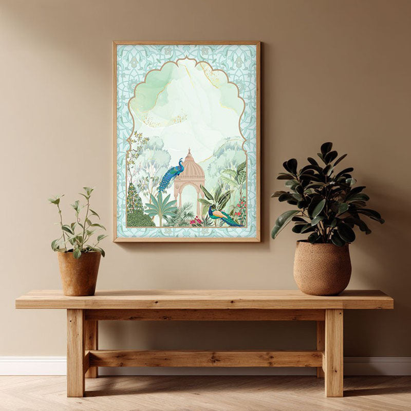 Jannat - e -Gul Framed Mughal Canvas Archival Canvas Wall Painting - Natural Brown Frame