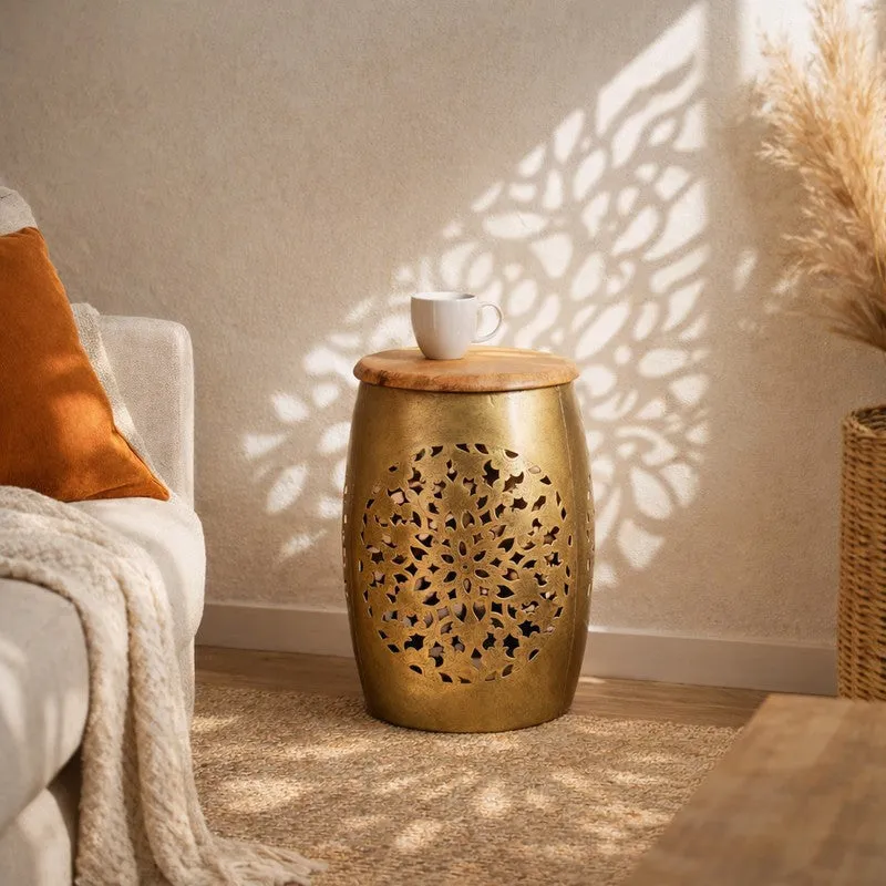 Floral Cutwork Drum Iron Stool Benches & Stools - Gold media 1