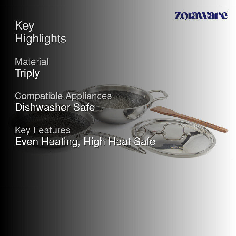 Zoraware Honeycomb Kadhai 2200 mL With Frying Pan (22 CM) - Set of Two media 2