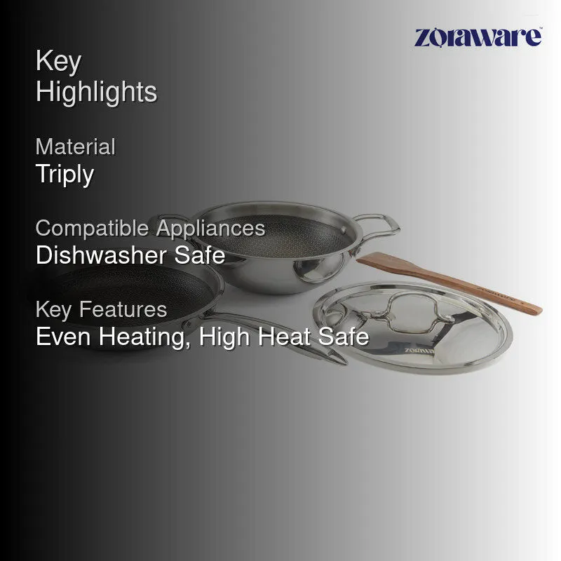Zoraware Honeycomb Kadhai 2200 mL With Frying Pan (22 CM) - Set of Two media 2