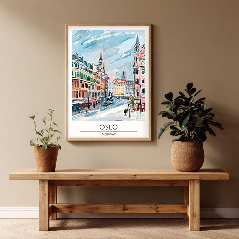 Vintage Oslo Framed Canvas Archival Canvas Wall Painting - Natural Brown Frame