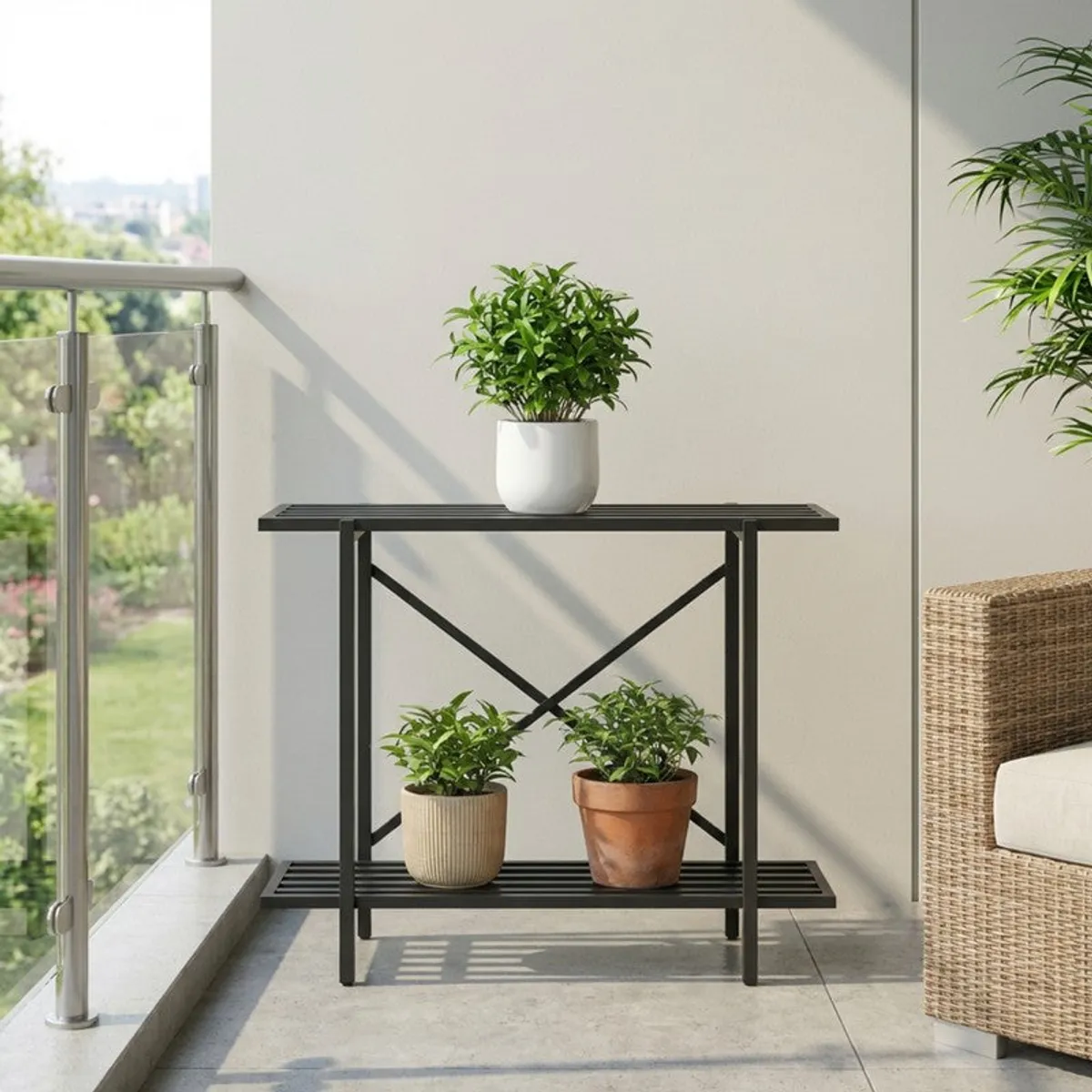 Black two-tier planter stand with three potted plants in a bright balcony setting