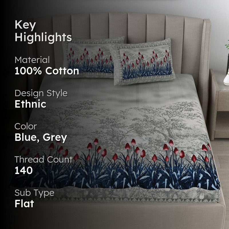 Doodle Dreams Floral Cotton  Bedsheet (Blue) - 140 TC media 2