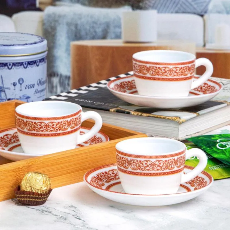 Cello Aari Ethnic Red Cup & Saucer (130 ML) - Twelve Piece Set media 1