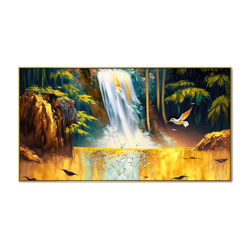 Celetial Golden Waterfalls Landscape Canvas Wall Painting With Frame - Gold media 4