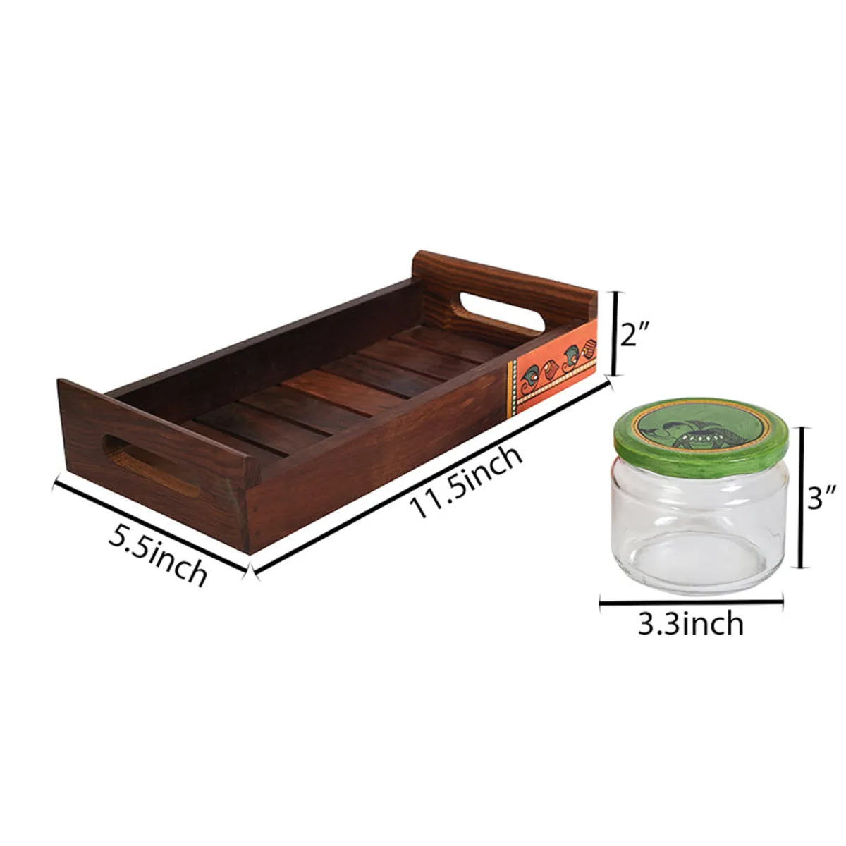 Wooden tray and jar dimensions shown in a product view
