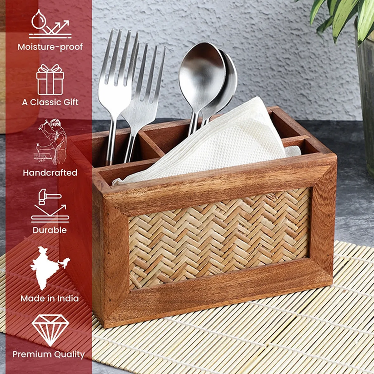Brown cutlery holder with woven front panel displayed beside kitchen utensils