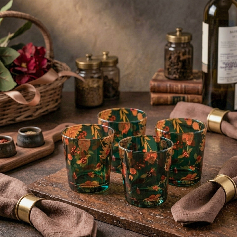 Floral Bliss Green Glass Tumbler - Set Of Four media 4