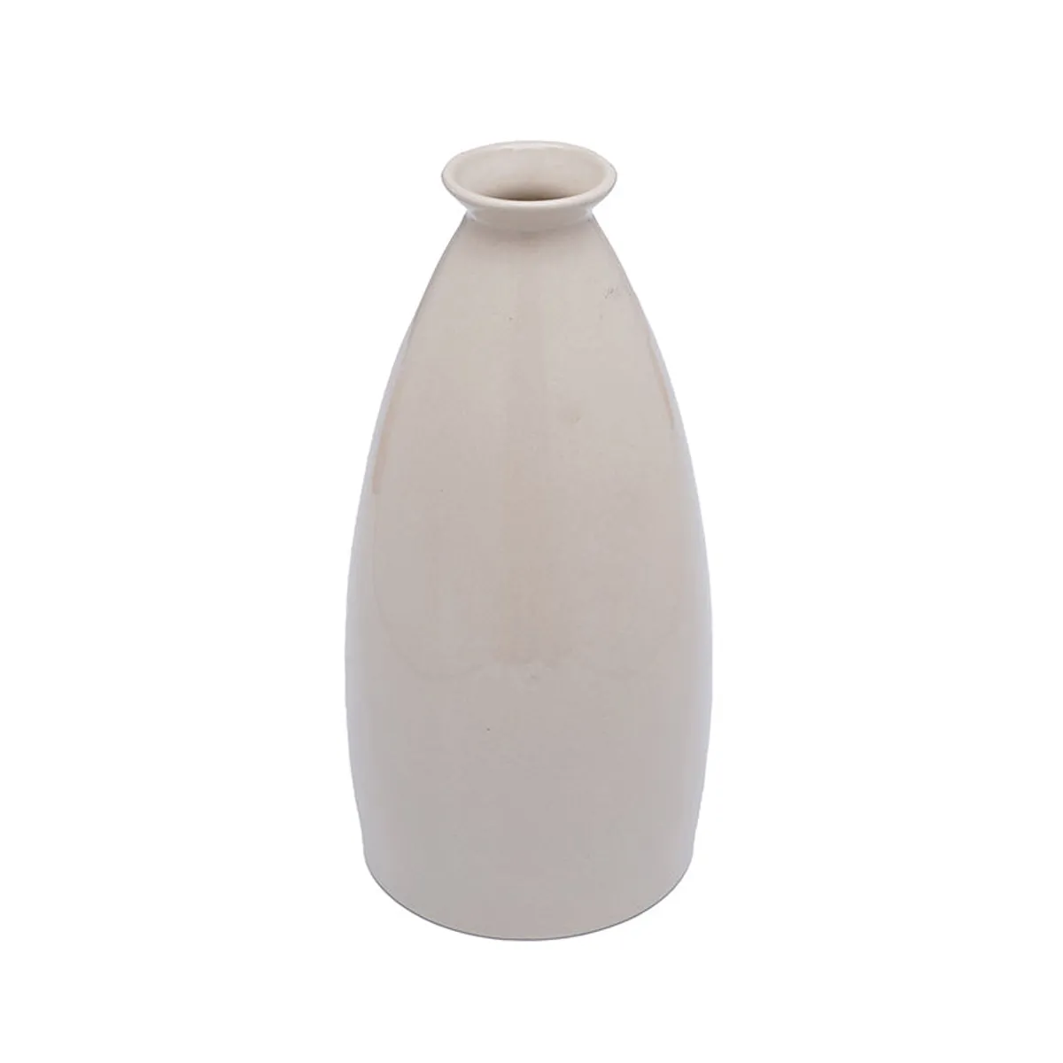 Glossy white ceramic vase with a rounded body and narrow flared neck on a white background