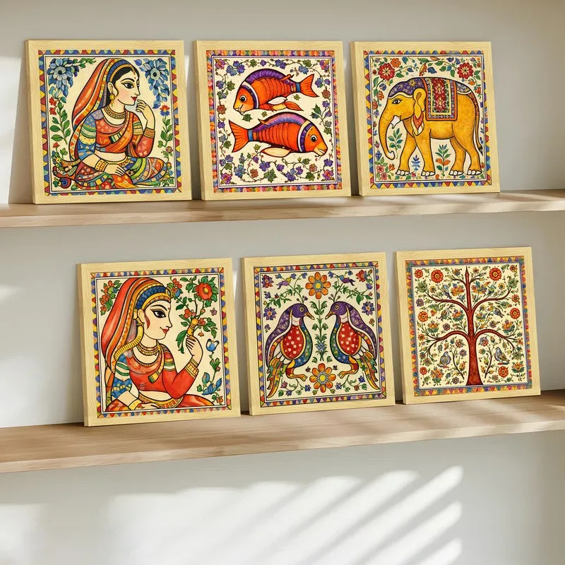 Madhubani Traditional Paper Wall Painting With Frame - Set Of Six media 3