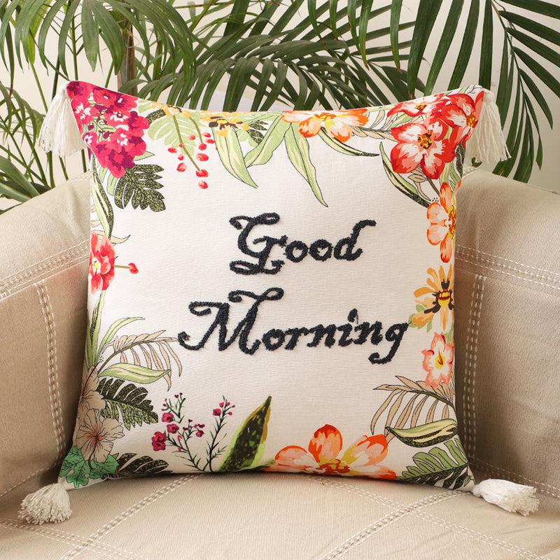 Poppy Plush "Good Morning" Embroidered Cotton Cushion Cover - Set Of Two media 3