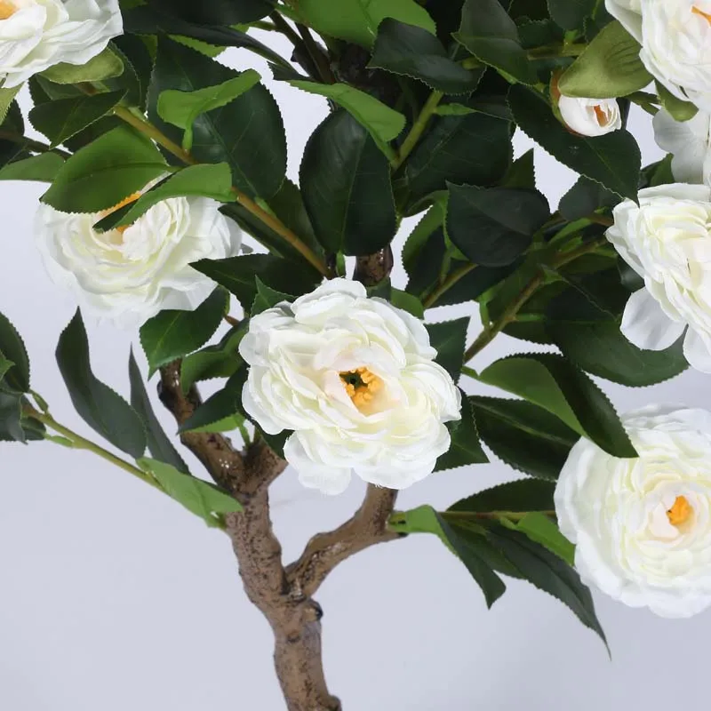 Faux Lush Mini Camellia Plant With Black Plastic Pot - White - 4 Feet media 4