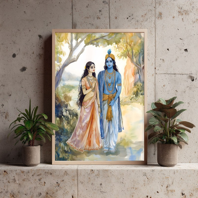 Radha Krishna Spiritual Archival Paper Wall Painting - Natural Brown Frame media 3