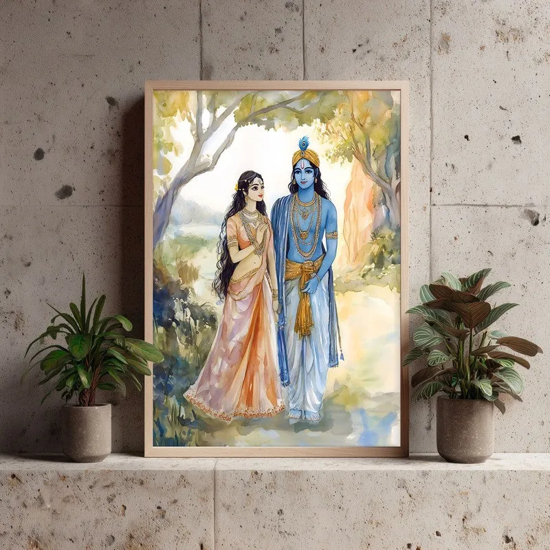 Radha Krishna Spiritual Archival Paper Wall Painting - Natural Brown Frame media 3