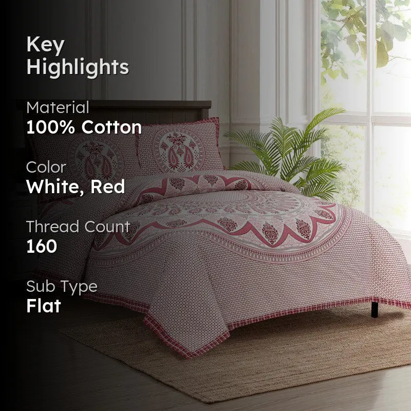 Trikaaya Ethnic Cotton Flat Bedsheet (White & Red) - 160 TC media 2