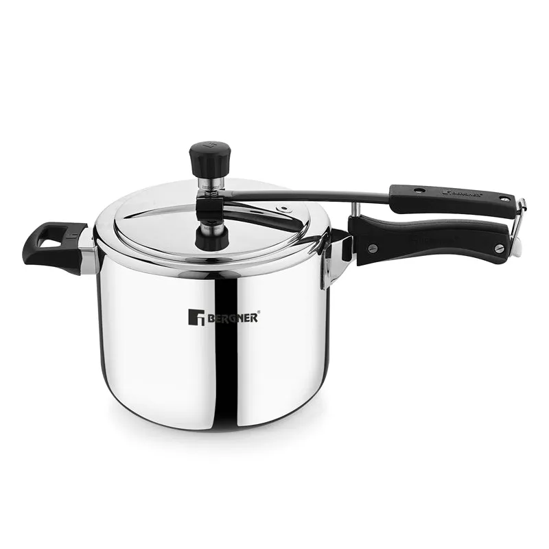 Bergner silver stainless steel pressure cooker with black handles on a white background